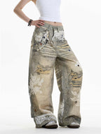 Cross Printed Jeans Women's Wide-leg Heavy Industry Pants