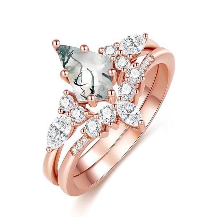 Natural Green Moss Agate Ring Set 2pcs - Women's Personalized Jewelry | ST VON'S FLAIR