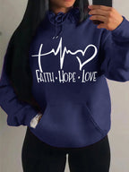 Graphic Designed Pull-Over with Faith Hope Love Women Hoodie String Tie