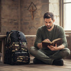 Camouflage backpack with black accents on a white background