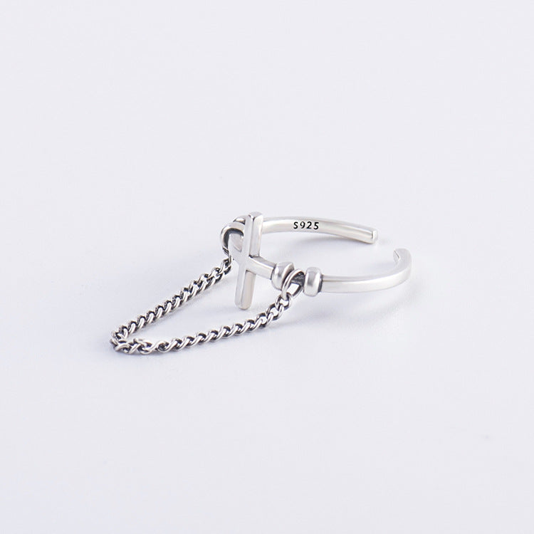 Cross and Chain Ring Handmade Design Female  Jewelry Pure Handmade Ring Tail Ring
