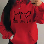 Graphic Designed Pull-Over with Faith Hope Love Women Hoodie String Tie