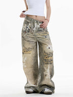 Cross Printed Jeans Women's Wide-leg Heavy Industry Pants