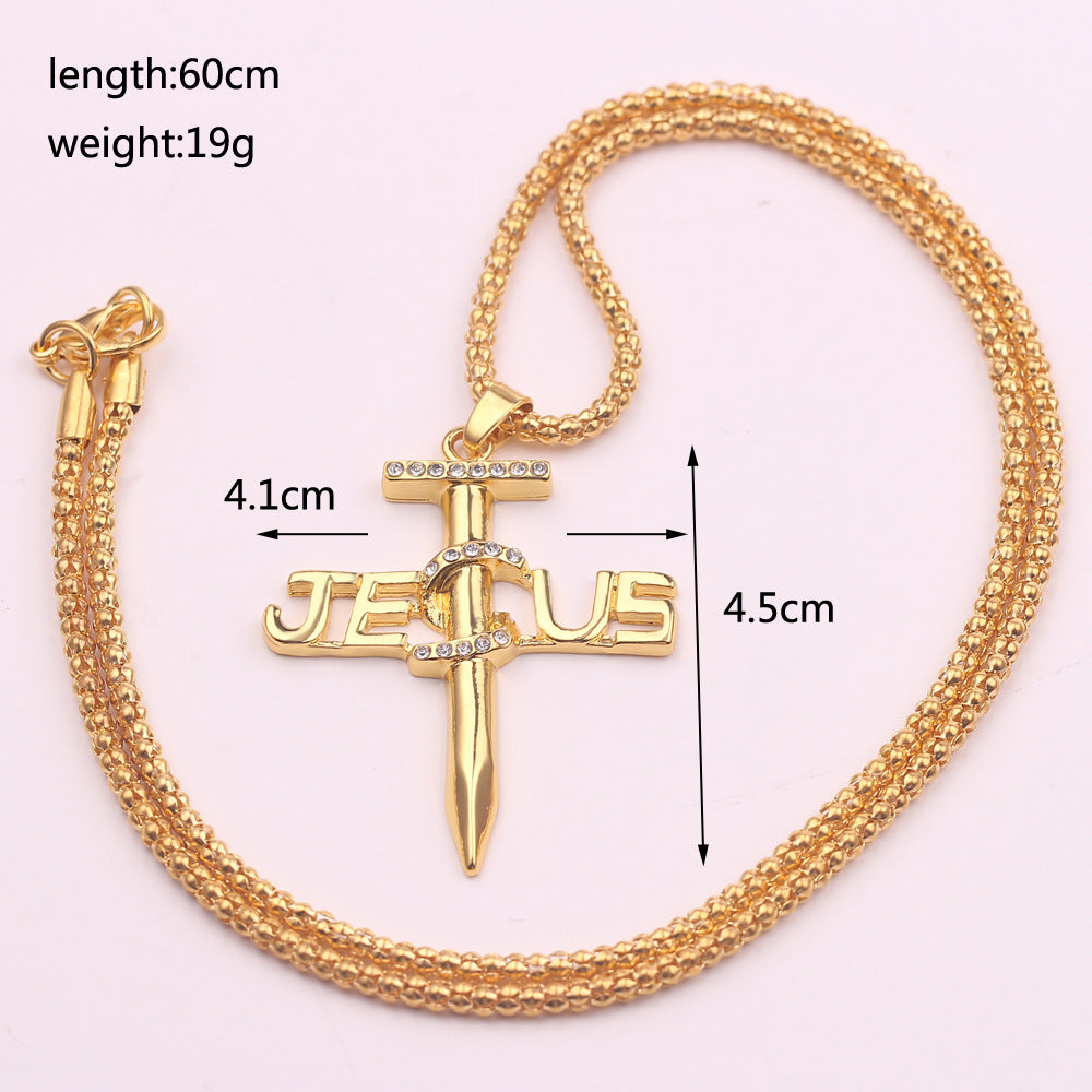 Jesus on the Cross Charm Religion Necklace Alloy Jesus Letters Nails Gold