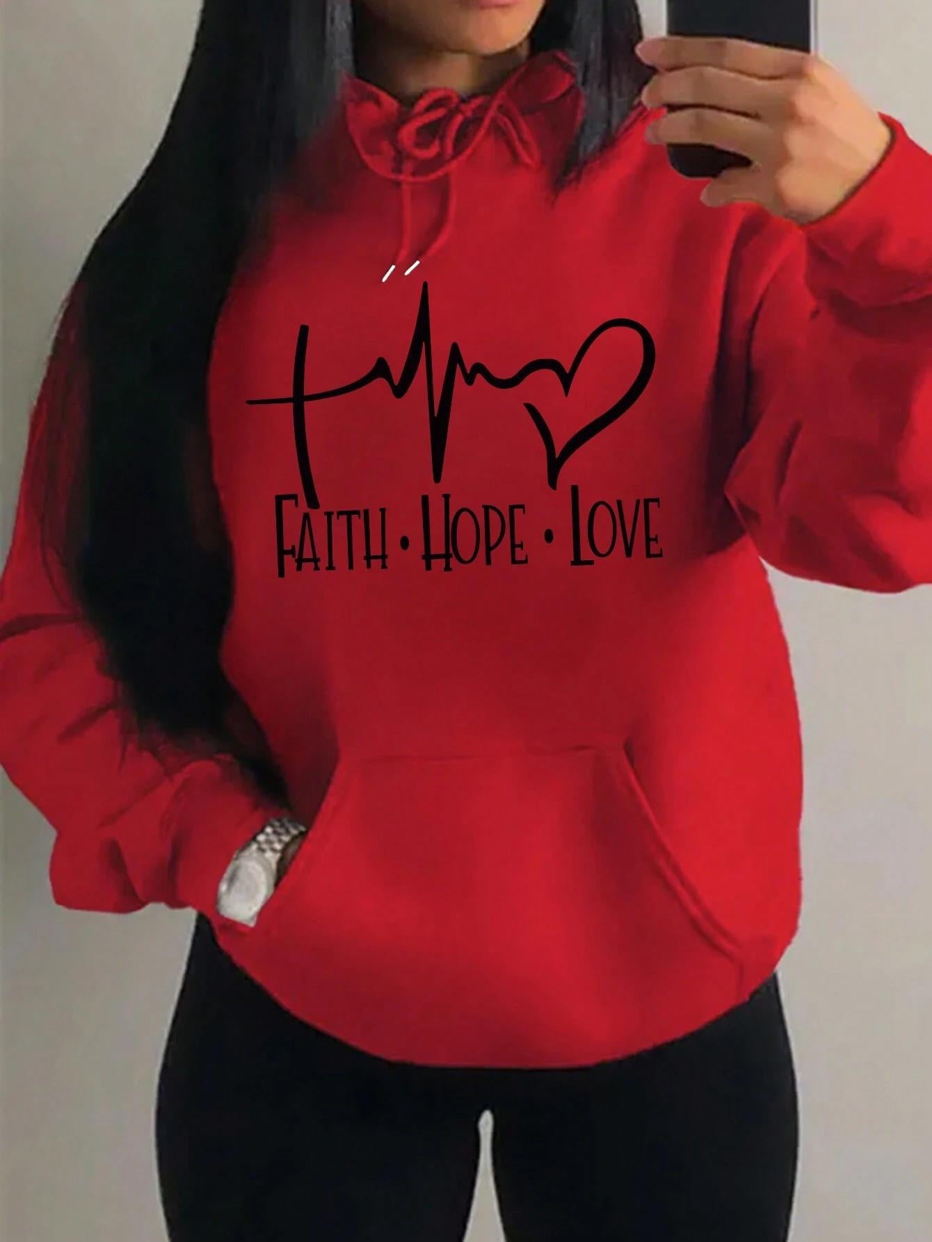 Graphic Designed Pull-Over with Faith Hope Love Women Hoodie String Tie