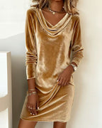 Elegant Solid Color Swing Collar Long Sleeved Velvet Dress Temperament Gentle Skirts For Women Cocktail Party Formal Dresses