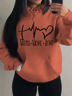 Graphic Designed Pull-Over with Faith Hope Love Women Hoodie String Tie