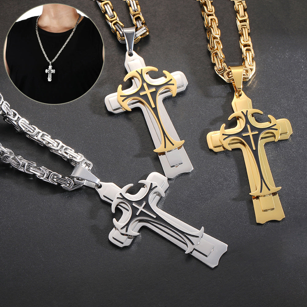 Men Jewelry Christian Trinity Latin Cross Necklace  Stainless Steel Three Layers Cross Pendants Necklaces Jewelry Gift