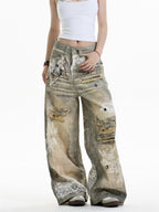 Cross Printed Jeans Women's Wide-leg Heavy Industry Pants