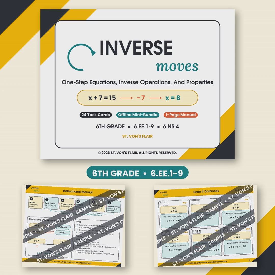 One-Step Equations and Inverse Operations Task Cards | Inverse Moves | 6th Grade | ST. VON'S FLAIR